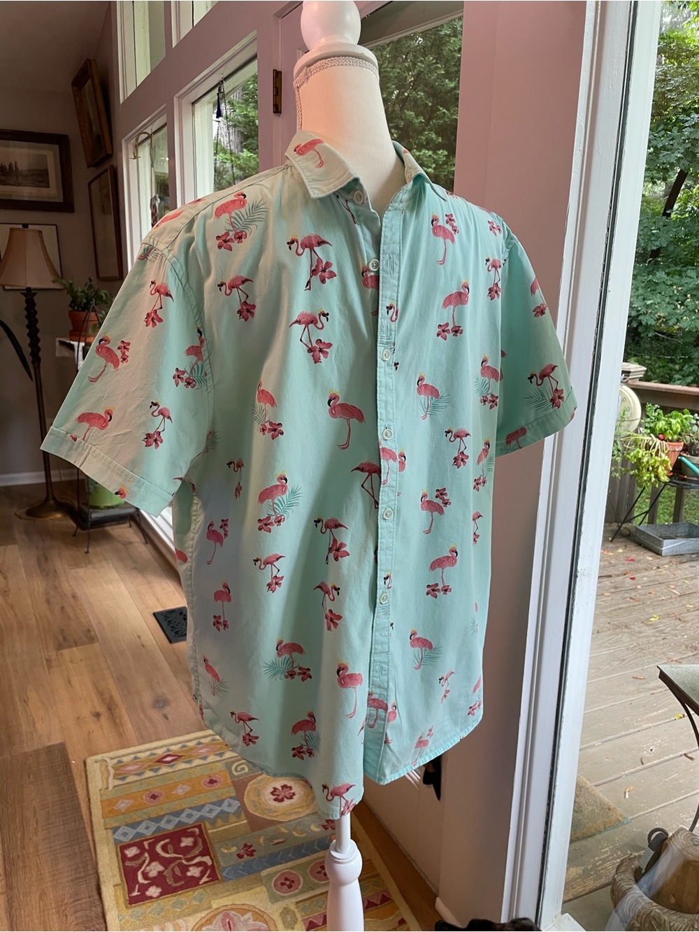 Denim & Flower Mint Green iShort-Sleeve Flamingo Print Button-Up XL Slim fit